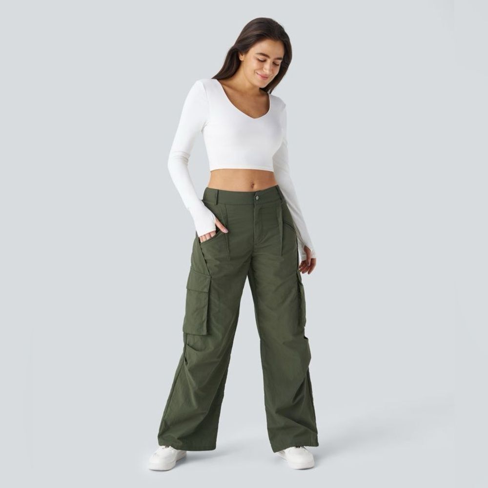 Halara Mid Rise Button Zipper Side Pocket Wide Leg Casual Cargo Pants in Green S